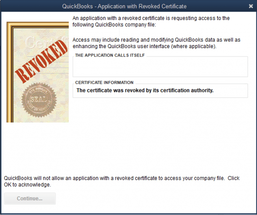 QuickBooks – Application with Revoked Certificate